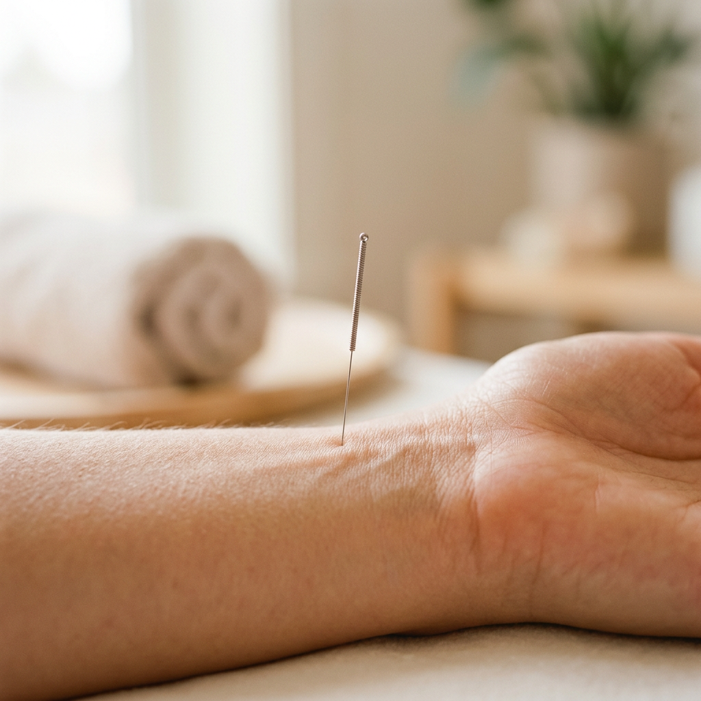 Detalle de una aguja de acupuntura en la muñeca