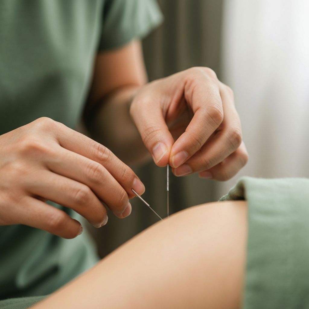 Manos colocando agujas de acupuntura
