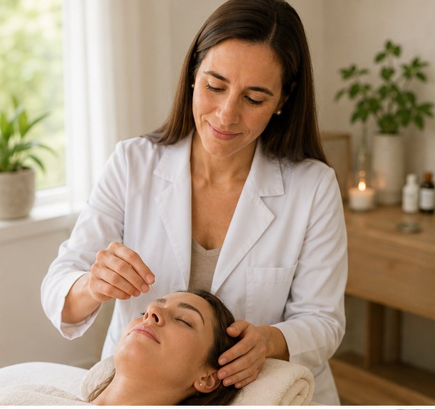 La Dra. Verónica Vietri realizando acupuntura facial a una paciente